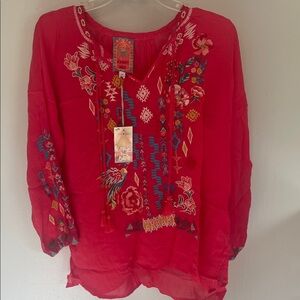 Johnny Was Red Floral Embroidered Tunic